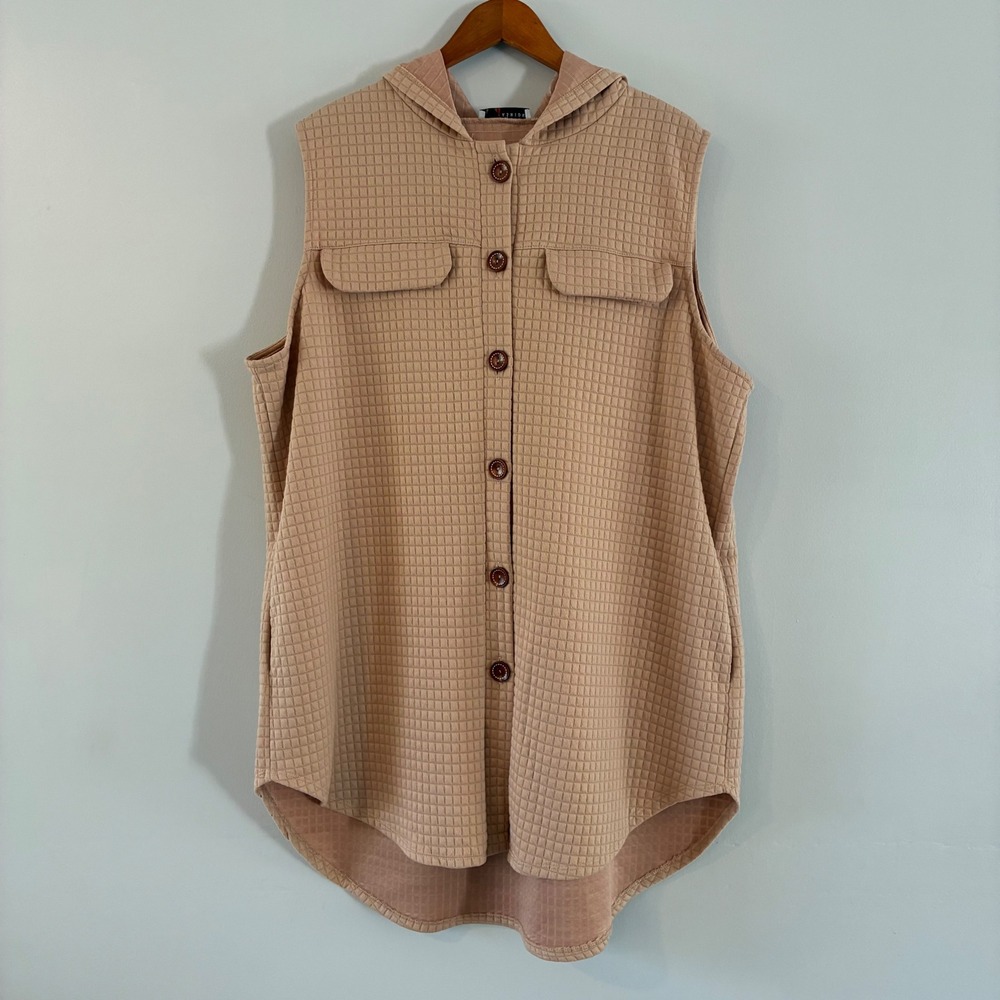 CY Fashion Sleeveless Shacket 2XL Tan Quilted Hooded Button Vest